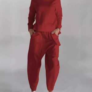 Women Plain Crew Neck Long Sleeve Comfy Casual Top With Pants Two-Piece Set, Sets, color:Wine Red|size:5XL, catalog Noracora shop