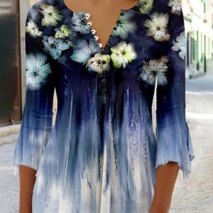 Casual Floral Crew Neck Three Quarter Sleeve T-shirt, T-shirts, color:Color3|size:3XL, catalog Noracora shop