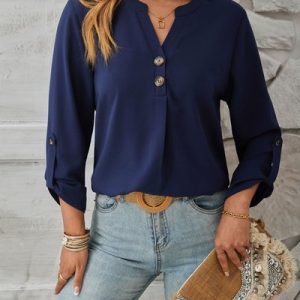 Crew Neck Long Sleeve Plain Buckle Regular Regular Fit Blouse For Women, Blouses, color:Royal Blue|size:XXL, catalog Noracora shop