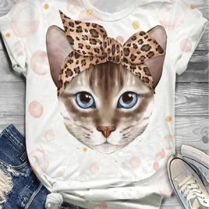 Casual Cat Crew Neck Short Sleeve T-shirt, T-shirts, color:White|size:XXL, catalog Noracora shop