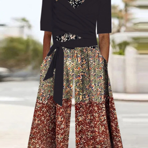 Women Short Sleeve Cross Neck Loose Ankle Pants Irregular Craftsmanship Daily Vacation Disty Floral Natural T-Shirt Jumpsuit, Jumpsuits&Rompers, color:Black|size:XXL, catalog Noracora shop