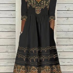 Women Ethnic Notched Three Quarter Sleeve Comfy Casual Midi Dress, Dresses, color:Black|size:XXL, catalog Noracora shop