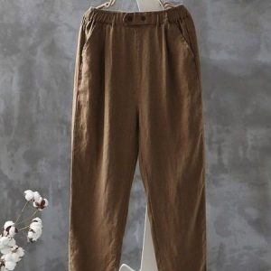 Casual Plain Ankle Pants Elastic Waist Pocket Stitching Pant, Pants, color:Khaki|size:XXL, catalog Noracora shop