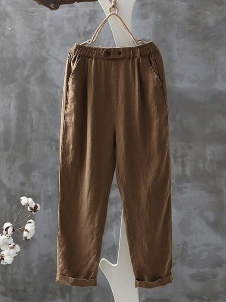 Women's Elastic Waist H-Line Straight Pants Daily Going Out Pants Casual Pocket Stitching Cotton Plain Spring/Fall Pants, JustFashionNow Pants, color:Khaki|size:XXL,