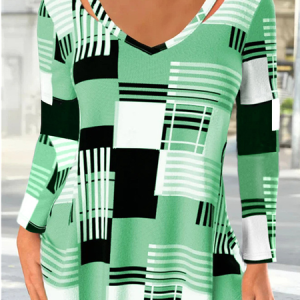 V Neck Long Sleeve Plaid Regular Loose Blouse For Women, Blouses, color:Green|size:5XL, catalog Noracora shop