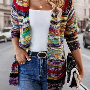 Women Wool/Knitting Striped Long Sleeve Comfy Casual Cardigan, Sweaters, color:flower|size:XL, catalog Noracora shop