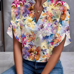 V Neck Short Sleeve Floral Regular Loose Shirt For Women, Blouses, color:flower|size:XXL, catalog Noracora shop