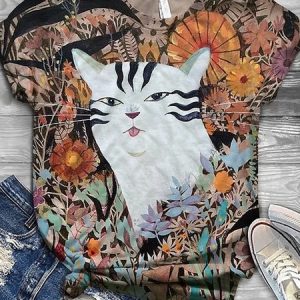 Casual Cat Crew Neck Short Sleeve T-shirt, T-shirts, color:Orange|size:5XL, catalog Noracora shop