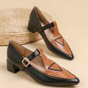 Urban Color Block Non-Slip Adjustable Buckle Low Heel T-Strap, Flats/Loafers, color:Deep Brown|size:43, catalog Noracora shop