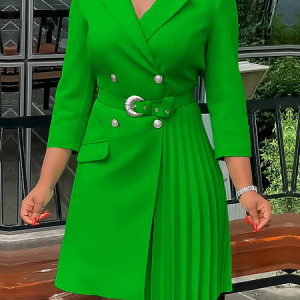 Regular Fit Lapel Collar Three Quarter Sleeve Regular Sleeve Urban Mini Dress With Belt, Mini Dresses, color:Green|size:XXL, Stylewe