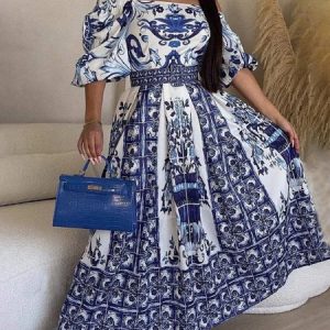 Cold Shoulder Floral Vacation Dress With Belt, Maxi Dresses, color:Blue|size:XXL, Stylewe