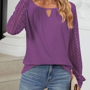 Crew Neck Long Sleeve Plain Lace Regular Micro-Elasticity Loose Blouse For Women, Blouses, color:Purple|size:XXL, catalog Noracora shop
