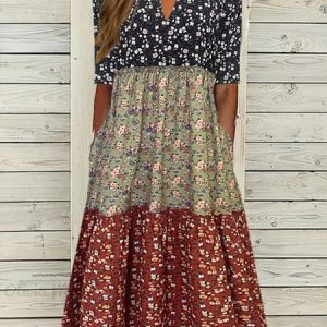 Women Contrast Stitching V Neck Short Sleeve Comfy Casual Midi Dress, Dresses, color:Black|size:XXL, catalog Noracora shop
