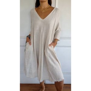 Women Plain V Neck Three Quarter Sleeve Comfy Casual Midi Dress, Dresses, color:Apricot|size:5XL, catalog Noracora shop