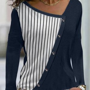 Long Sleeve Striped Regular Micro-Elasticity Loose Blouse For Women, Blouses, color:Blue|size:3XL, catalog Noracora shop