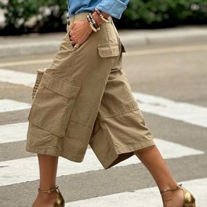 Plus Size Plain Casual Pockets Fashion Cargo Pants, Plus Pants, color:Khaki|size:4X, Stylewe