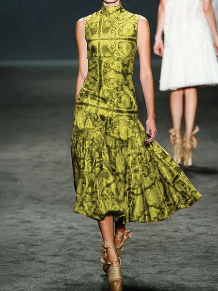 Regular Fit Urban Stand Collar Ethnic Dress, Midi Dresses, color:Yellow|size:XXL, Stylewe