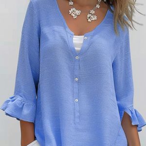 Notched Bell Sleeve Three Quarter Sleeve Plain Buckle Regular Loose Blouse For Women, Blouses, color:Light Blue|size:XXL, catalog Noracora shop