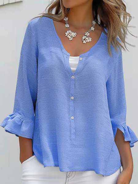 Women's Three Quarter Sleeve Blouse Spring/Fall Plain Buckle Notched Bell Sleeve Daily Going Out Casual Top Light Blue, JustFashionNow Blouses, color:Light Blue|size:XXL,