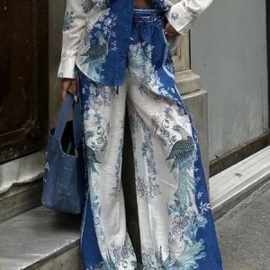 Casual Pocket Stitching Loose Floral Pants, Pants, color:Blue|size:XXL, Stylewe