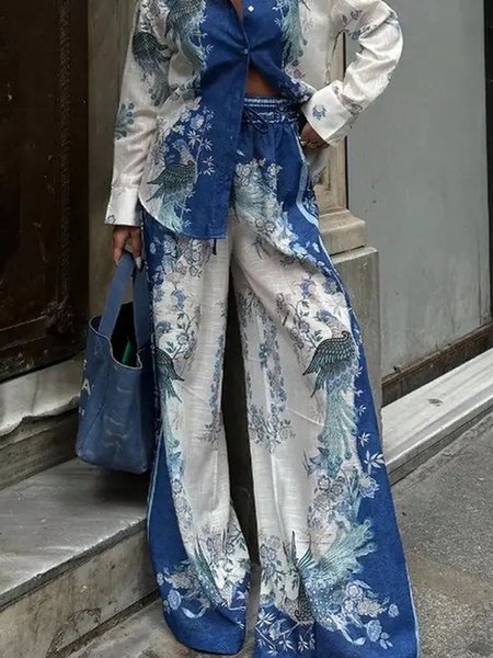 Casual Pocket Stitching Loose Floral Pants, Pants, color:Blue|size:XXL, Stylewe