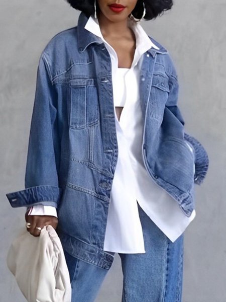Long Sleeve Loose Casual Plain Regular Sleeve Denim Jacket, Jackets, color:Blue|size:XXL, Stylewe