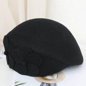Elegant Floral Wool-Blend Beret, Hats, color:Black|size:One-size, Stylewe
