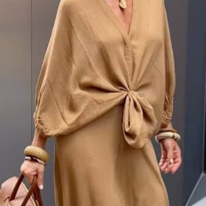 V Neck Loose Plain Casual Blouse, Blouses and Shirts, color:Khaki|size:XXL, Stylewe
