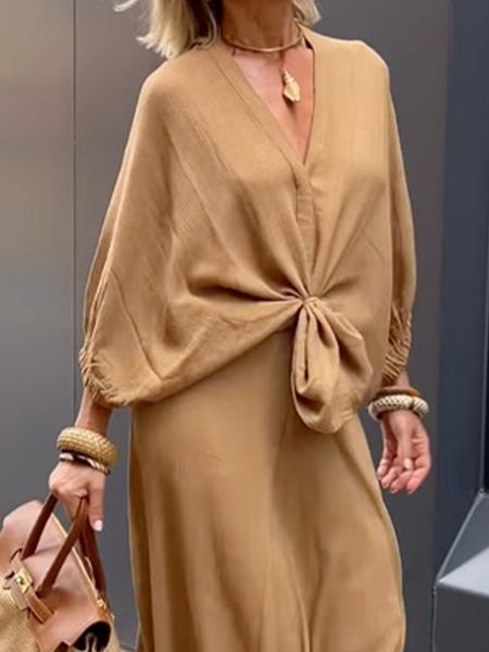 V Neck Loose Plain Casual Blouse, Blouses and Shirts, color:Khaki|size:XXL, Stylewe
