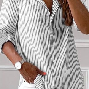 Shirt Collar Long Sleeve Striped Regular Loose Shirt For Women, Shirts, color:Gray|size:XXL, catalog Noracora shop