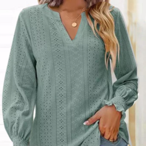 V Neck Long Sleeve Plain Lace Regular Regular Fit Blouse For Women, Blouses, color:Green|size:3XL, catalog Noracora shop