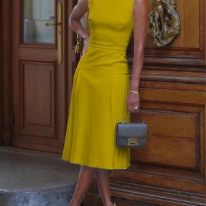 Elegant Crew Neck Stretchable Sleeveless Midi Dress, Midi Dresses, color:Yellow|size:XXL, Stylewe