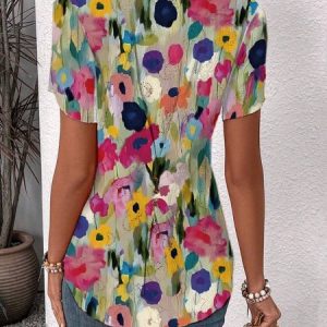 Crew Neck Short Sleeve Floral Regular Loose Shirt For Women, Blouses, color:Multicolor|size:XXL, catalog Noracora shop