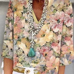 V Neck Half Sleeve Floral Regular Loose Shirt For Women, Blouses, color:Yellow|size:XXL, catalog Noracora shop