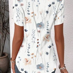 Notched Petal Sleeve Short Sleeve Floral Pullover Buttoned Regular Micro-Elasticity Loose Shirt For Women, T-shirts, color:White|size:XXL, catalog Noracora shop