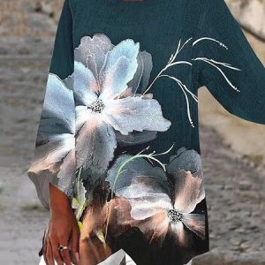 V Neck Long Sleeve Floral Regular Micro-Elasticity Loose Blouse For Women, Blouses, color:Deep Blue|size:5XL, catalog Noracora shop
