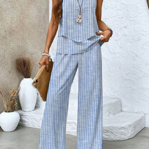 Women's Cotton Striped Daily Going Out Two Piece Set Sleeveless Casual Summer Top With Pants Matching Set Blue, JustFashionNow Suit Set, color:Blue|size:XXL,