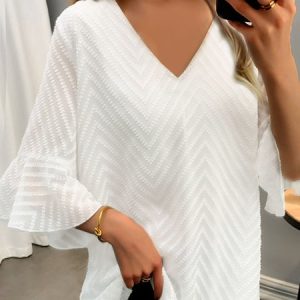 V Neck Three Quarter Sleeve Plain Regular Loose Blouse For Women, Blouses, color:White|size:3XL, catalog Noracora shop