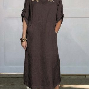 Women Plain Crew Neck Half Sleeve Comfy Casual Maxi Dress, Dresses, color:Coffee|size:3XL, catalog Noracora shop