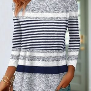 Casual Striped Crew Neck Long Sleeve T-shirt, Blouses, color:Gray|size:XXL, catalog Noracora shop