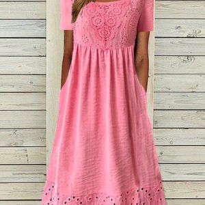 Women Plain Crew Neck Short Sleeve Comfy Casual Maxi Dress, Dresses, color:Rose Red|size:XXL, catalog Noracora shop