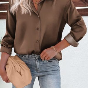 Women's Long Sleeve Shirt Spring/Fall Plain Buckle Shirt Collar Daily Going Out Casual Top Black, JustFashionNow Shirts & Blouses, color:Coffee|size:XXL,