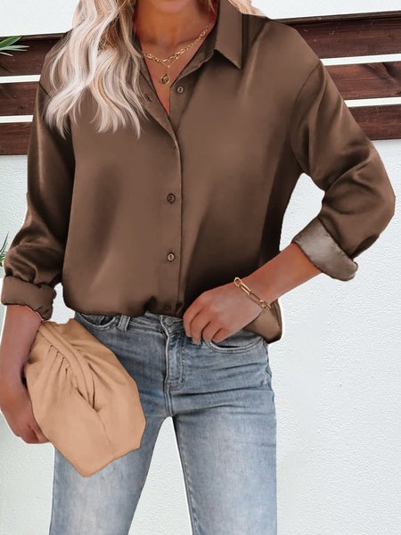 Women's Long Sleeve Shirt Spring/Fall Plain Buckle Shirt Collar Daily Going Out Casual Top Black, JustFashionNow Shirts & Blouses, color:Coffee|size:XXL,