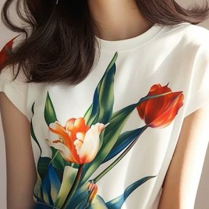 Floral Crew Neck Regular Fit Daily T-Shirt, Tees, color:White|size:XXL, Stylewe