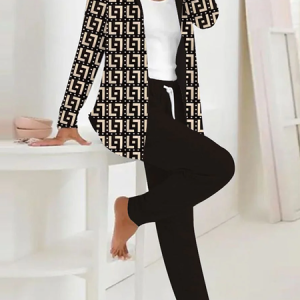 Women Geometric Hoodie Long Sleeve Comfy Casual Coat With Pants Two-Piece Set, Sets, color:Black|size:XXL, catalog Noracora shop
