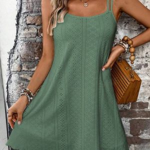 Women Plain Spaghetti Gallus Comfy Casual Short Dress, Dresses, color:Green|size:3XL, catalog Noracora shop