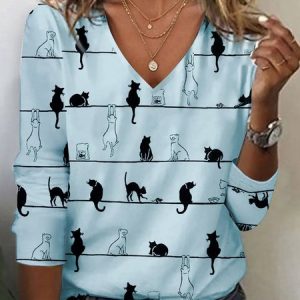 Casual Cat V Neck Long Sleeve T-shirt, T-shirts, color:Blue|size:5XL, catalog Noracora shop