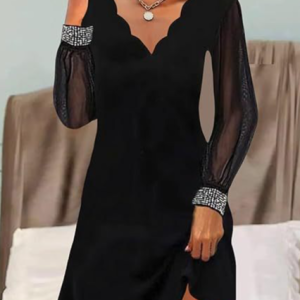 Women Plain V Neck Long Sleeve Comfy Casual Midi Dress, Dresses, color:Black|size:XXL, catalog Noracora shop