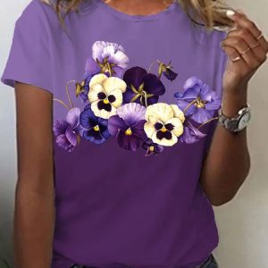 Casual Floral Crew Neck Short Sleeve T-shirt, T-shirts, color:Purple|size:XXL, catalog Noracora shop