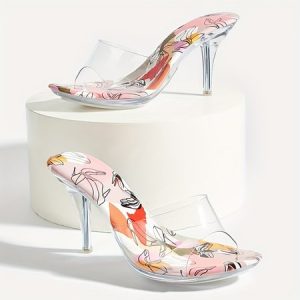Transparent PVC Abstract Print Crystal Heeled Mule Sandals, Slippers, color:Apricot|size:43, Stylewe